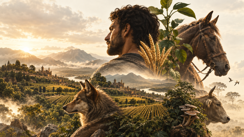 Paisagem ampla reúne uma figura humana, cultivos, cavalo, bovino, canídeo, vegetação e outros elementos naturais, sugerindo como capacidades humanas foram construídas em interação contínua com outras formas de vida.