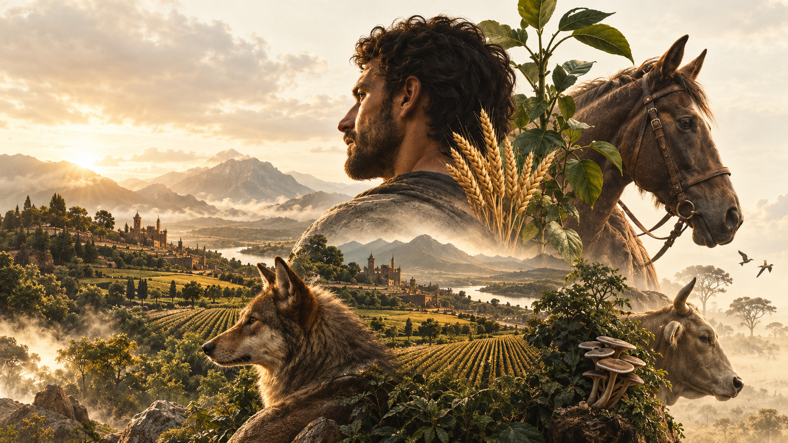 Paisagem ampla reúne uma figura humana, cultivos, cavalo, bovino, canídeo, vegetação e outros elementos naturais, sugerindo como capacidades humanas foram construídas em interação contínua com outras formas de vida.