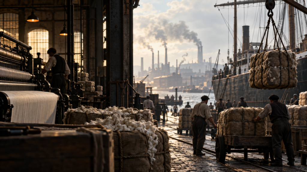 Cena portuária industrial do século XIX conecta uma fábrica têxtil, fardos de algodão, trabalhadores e um navio a vapor, tornando visível a dependência entre capacidade produtiva e redes externas de comércio.