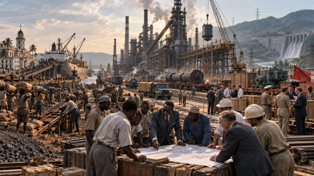 Cena hiper-realista de um país recém-independente industrializando-se no pós-guerra: planejadores e trabalhadores locais analisam projetos diante de um grande complexo industrial, enquanto porto, máquinas importadas, infraestrutura elétrica e assessores estrangeiros evidenciam a tensão entre autonomia produtiva e dependência externa.