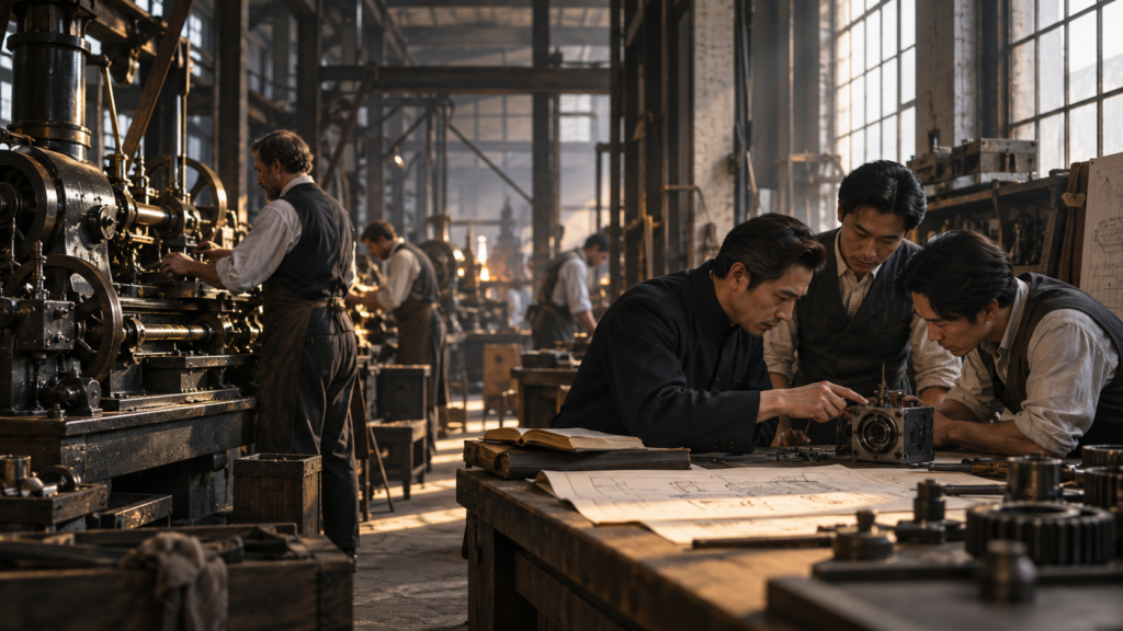 Oficina industrial histórica com máquinas em funcionamento; um trabalhador opera equipamento pesado enquanto três engenheiros analisam um componente mecânico sobre uma bancada com desenhos técnicos, sugerindo aprendizagem e desenvolvimento de capacidade produtiva.