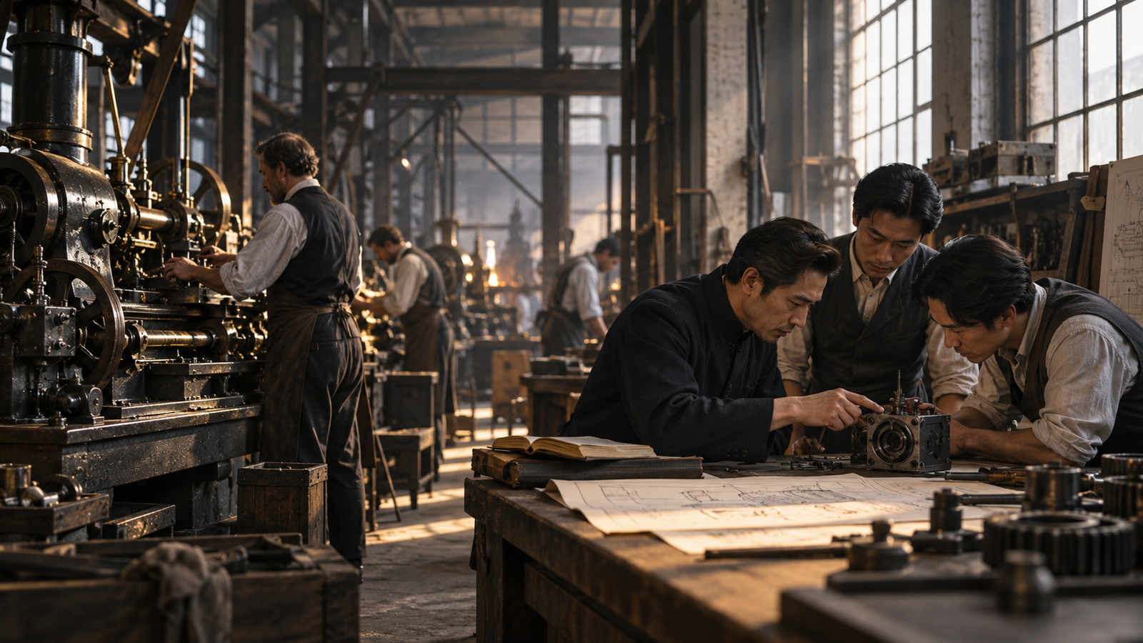 Oficina industrial histórica com máquinas em funcionamento; um trabalhador opera equipamento pesado enquanto três engenheiros analisam um componente mecânico sobre uma bancada com desenhos técnicos, sugerindo aprendizagem e desenvolvimento de capacidade produtiva.