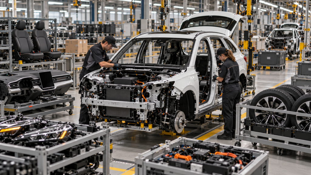 Linha de montagem automotiva com veículo parcialmente montado, dois trabalhadores e módulos como bancos, painel, rodas e componentes eletrônicos dispostos ao redor.