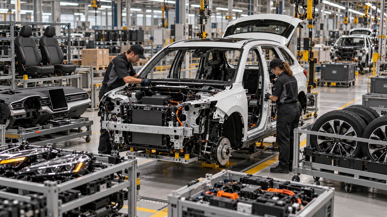 Linha de montagem automotiva com veículo parcialmente montado, dois trabalhadores e módulos como bancos, painel, rodas e componentes eletrônicos dispostos ao redor.