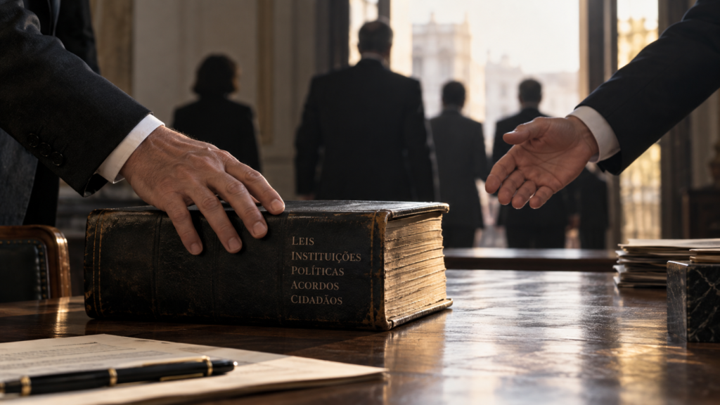 Duas pessoas em trajes formais realizam uma passagem de responsabilidade sobre uma mesa institucional; uma mão permanece sobre um grande volume encadernado enquanto outra se aproxima para recebê-lo, com outras pessoas ao fundo, sugerindo continuidade de funções durante a troca de ocupantes.