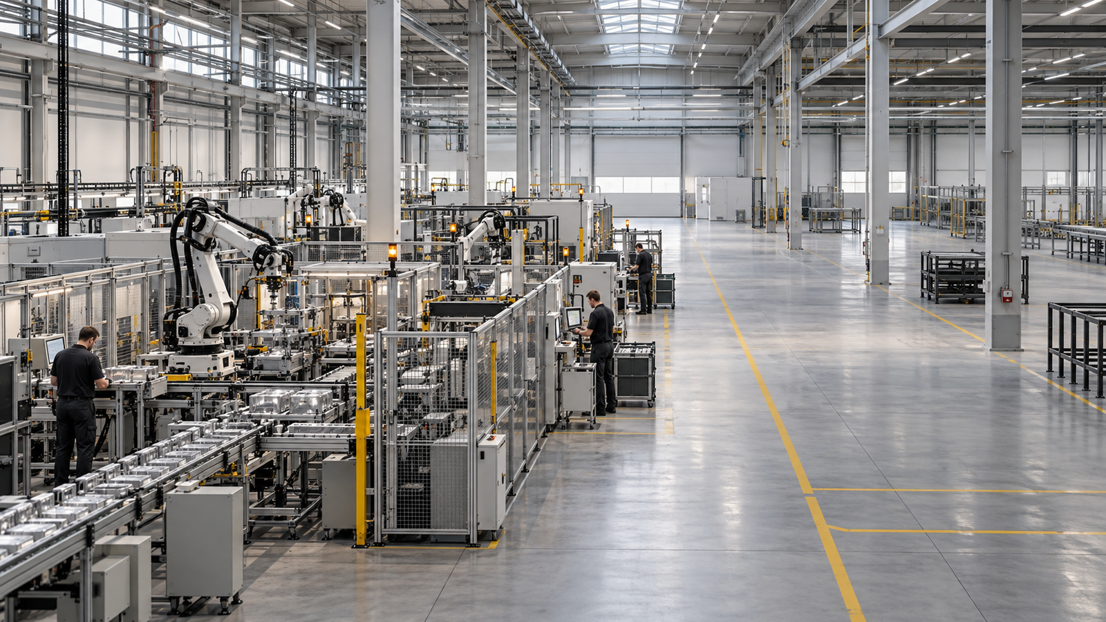 Interior de fábrica moderna com linha automatizada em operação à esquerda, poucos trabalhadores e ampla área industrial vazia à direita.