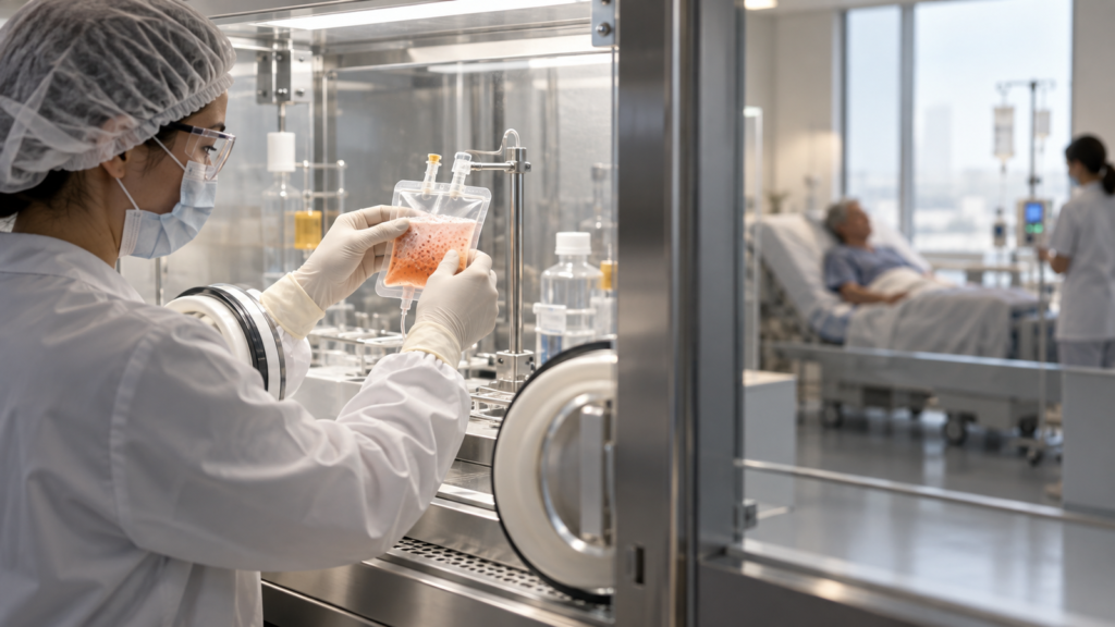 Profissional de laboratório manipula uma pequena bolsa de células em equipamento estéril, enquanto um paciente permanece ao fundo em um leito hospitalar separado por vidro.