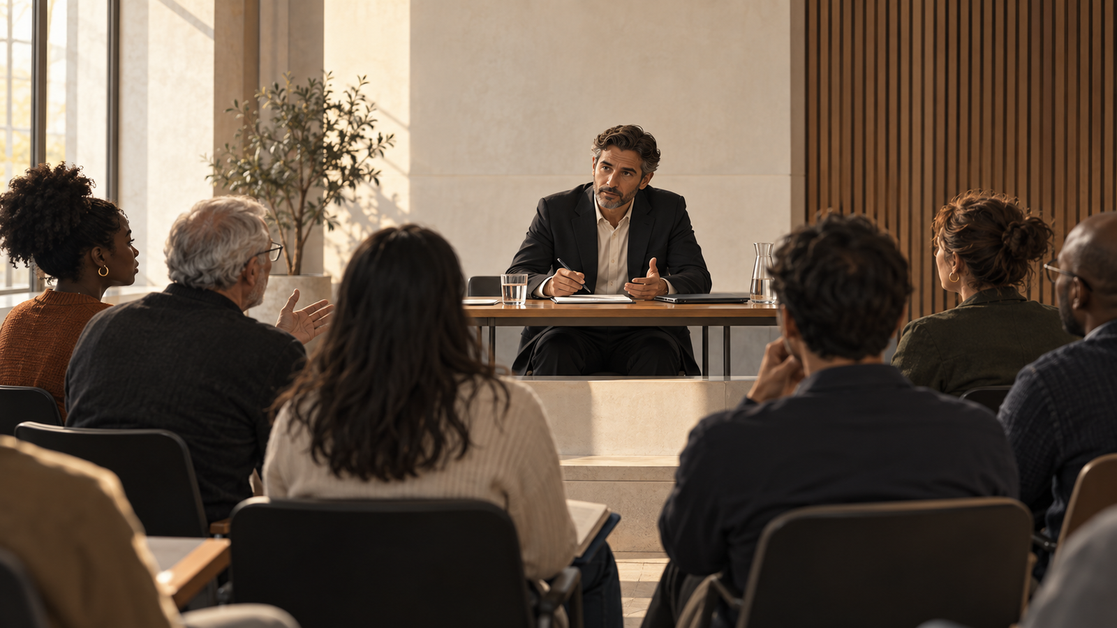 Homem de terno sentado à mesa diante de um grupo diverso de pessoas em uma sala de reunião, ouvindo enquanto um participante gesticula.