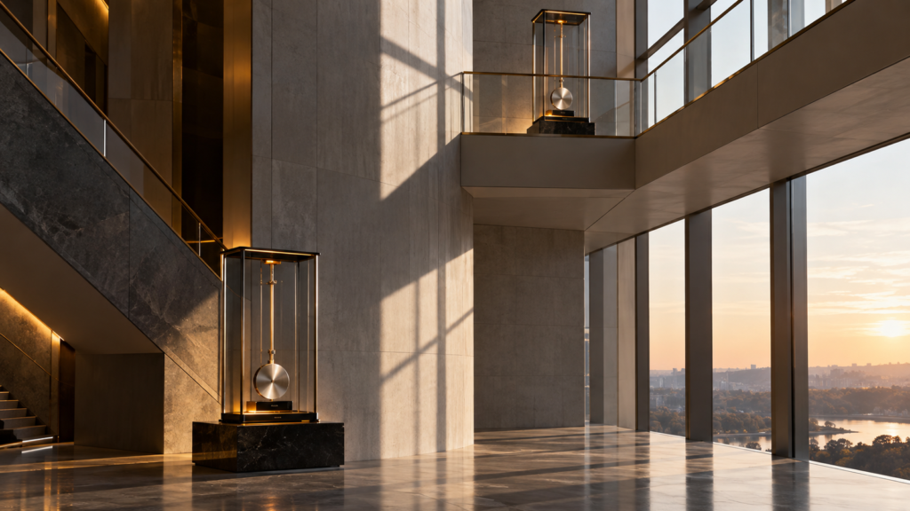 Interior de átrio moderno com dois instrumentos idênticos de medição de tempo, um no nível inferior e outro em um nível elevado, separados verticalmente no mesmo espaço.