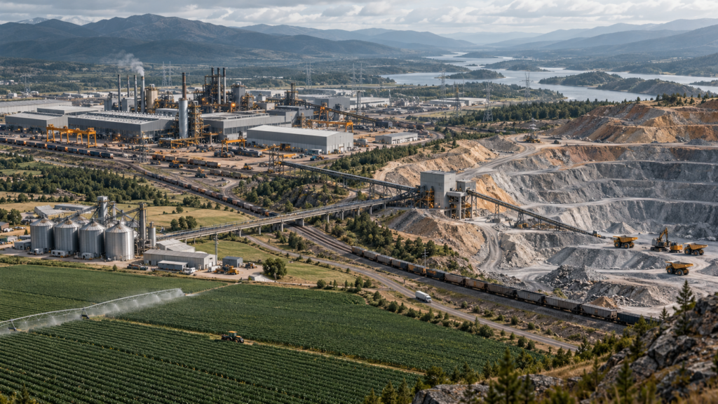 Paisagem produtiva ampla com um complexo industrial avançado, uma grande área de mineração a céu aberto e campos agrícolas mecanizados distribuídos no mesmo panorama, conectados por infraestrutura e sem identificação geográfica específica.