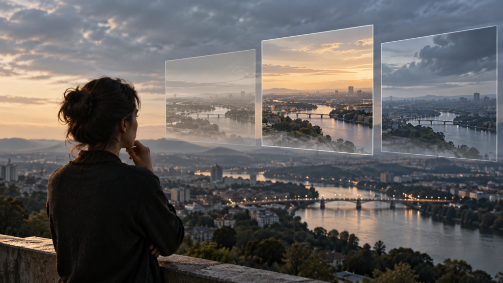 Pessoa observa uma paisagem urbana a partir de um mirante enquanto painéis translúcidos apresentam interpretações visuais distintas da mesma cena, sugerindo a diferença entre observar um padrão e explicá-lo.
