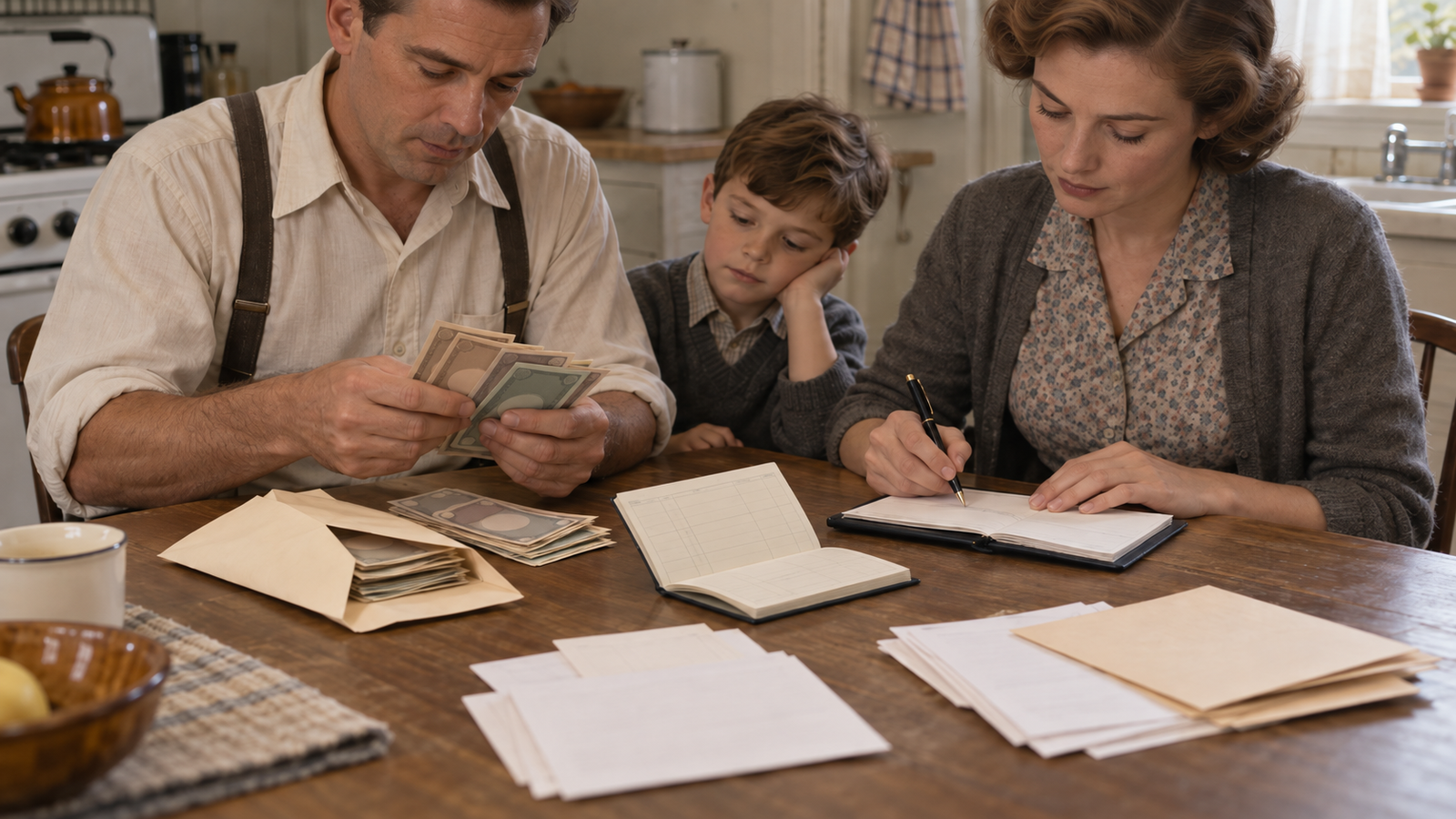 Família em uma cozinha de meados do século XX organiza dinheiro, caderneta bancária, talão de cheques e contas domésticas sobre a mesa.