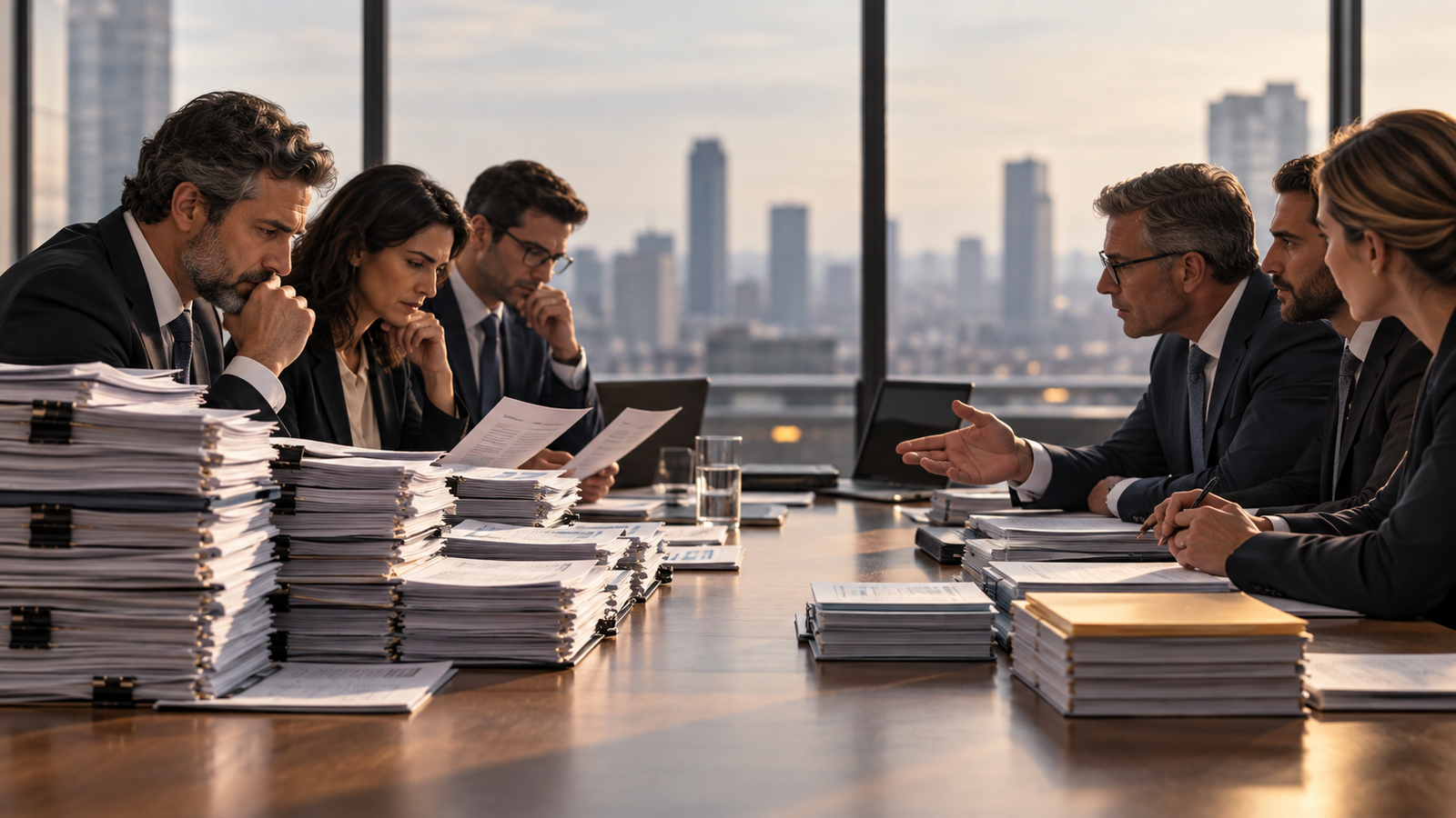 Gestores públicos e investidores negociam em torno de uma mesa coberta por pilhas de documentos, em uma sala financeira contemporânea, sugerindo o peso de compromissos existentes e a necessidade de refinanciamento.