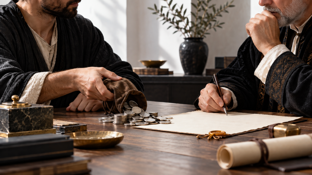 Duas pessoas em uma mesa formalizam uma obrigação financeira; moedas estão sendo entregues enquanto um documento é preenchido, sugerindo a relação entre recurso presente, compromisso futuro e contrato.