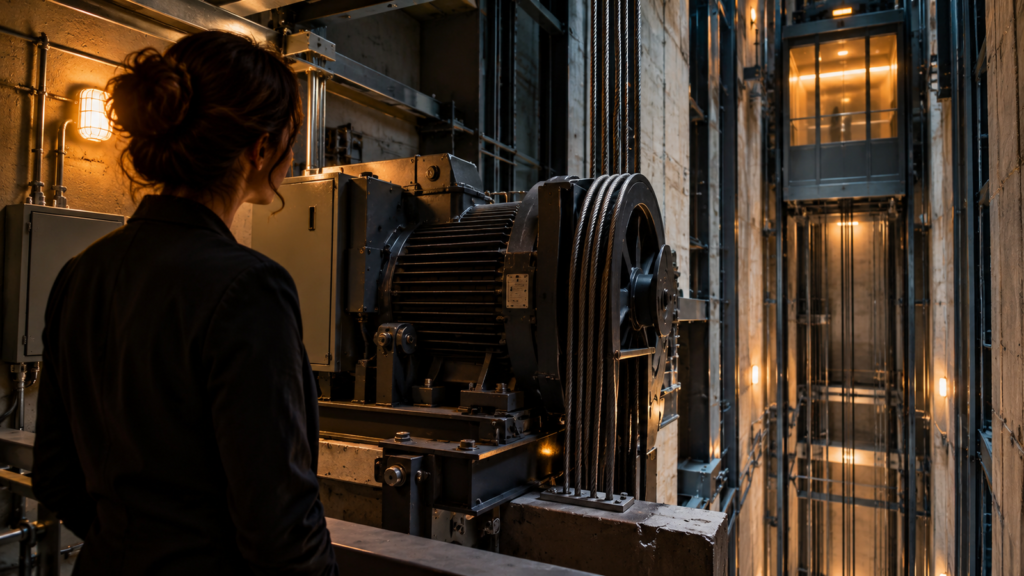 Mulher observa o conjunto mecânico de um elevador, com motor, polia e cabos de aço em primeiro plano e a cabine iluminada visível no poço ao fundo.