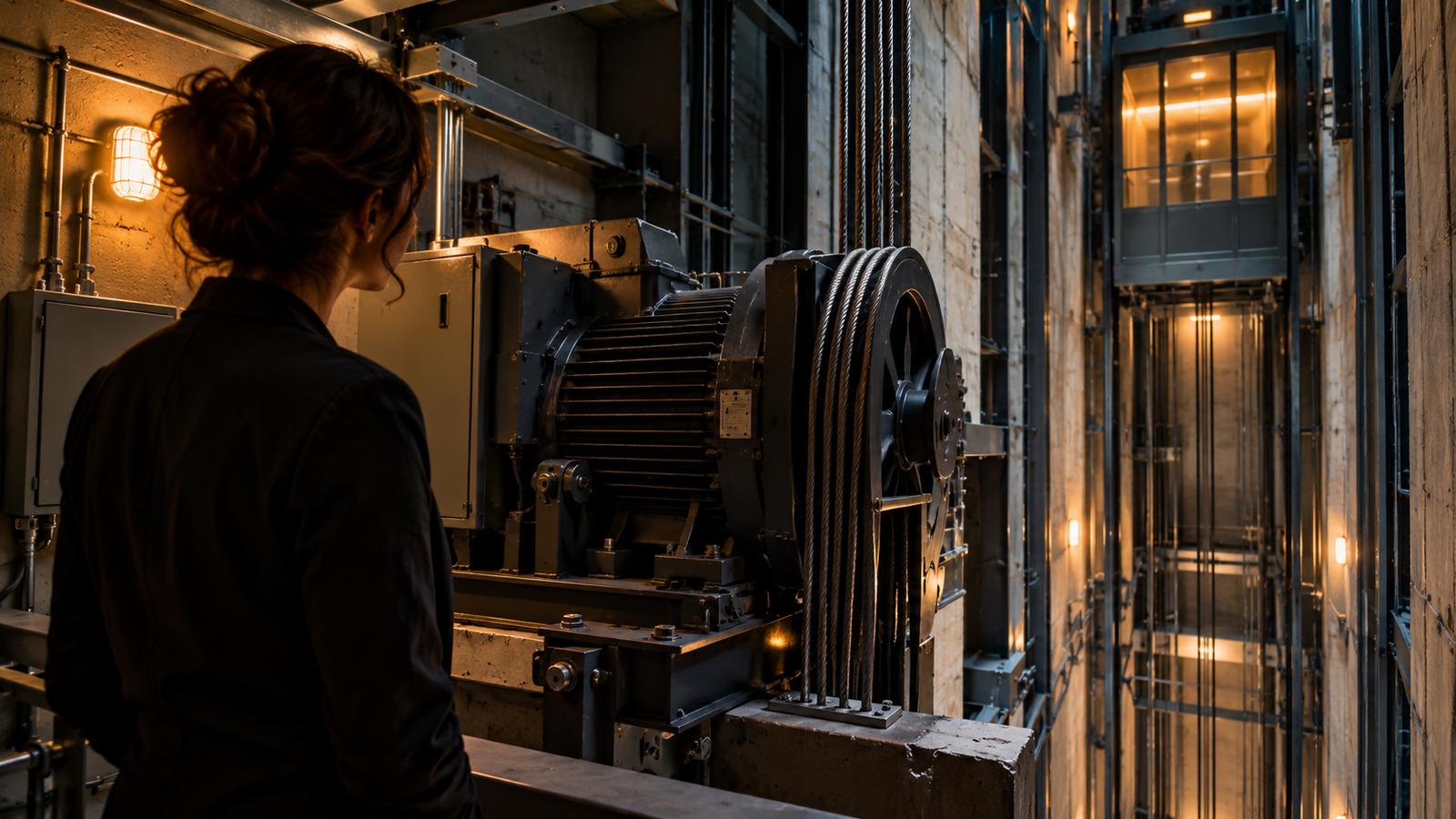 Mulher observa o conjunto mecânico de um elevador, com motor, polia e cabos de aço em primeiro plano e a cabine iluminada visível no poço ao fundo.